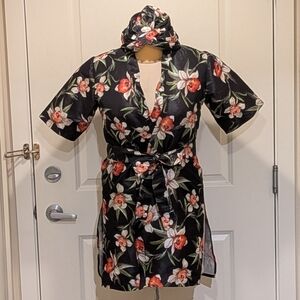 EUC Handmade Vintage 60s Tie Waist Black Floral Kimono with Matching Turban